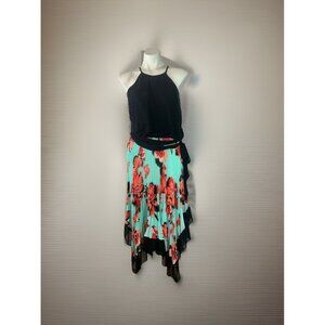 Bisou Bisou Hi Low Floral Mint Green, Black Halter Top Dress Pleated Size 10 New